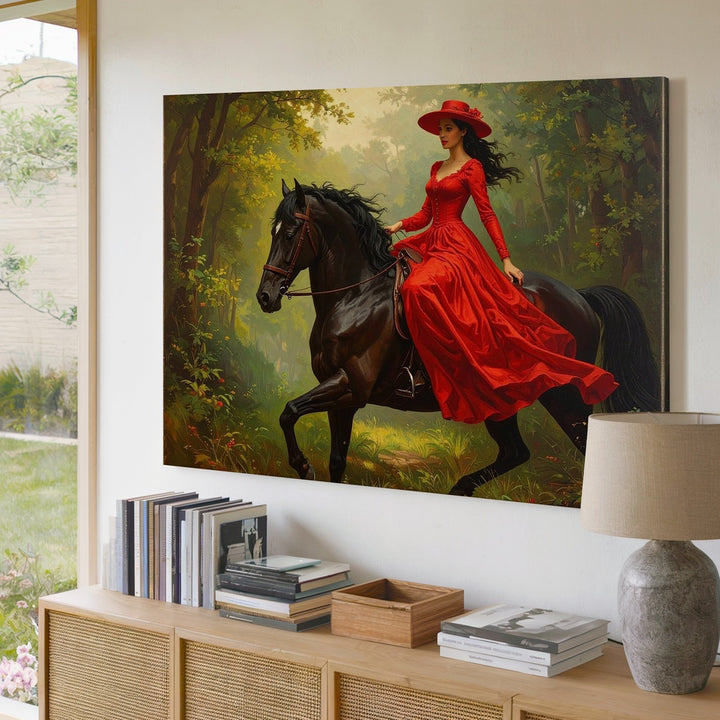 Elegance in Motion Canvas – Woman in Red Dress Riding Black Horse - Gifitto