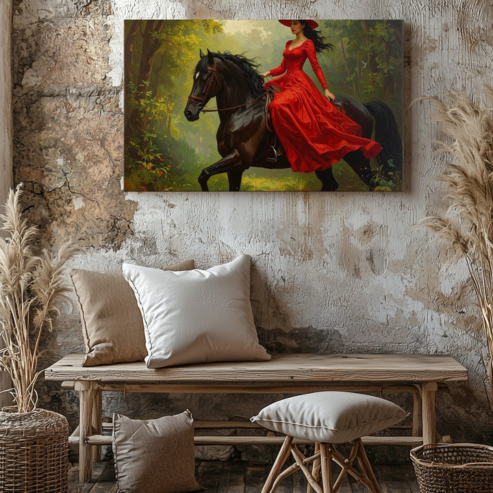 Elegance in Motion Canvas – Woman in Red Dress Riding Black Horse - Gifitto