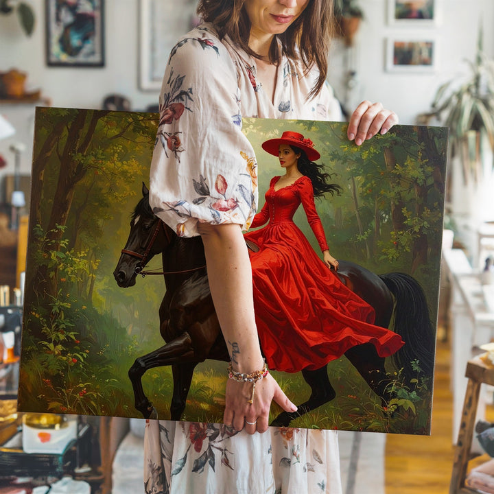 Elegance in Motion Canvas – Woman in Red Dress Riding Black Horse - Gifitto