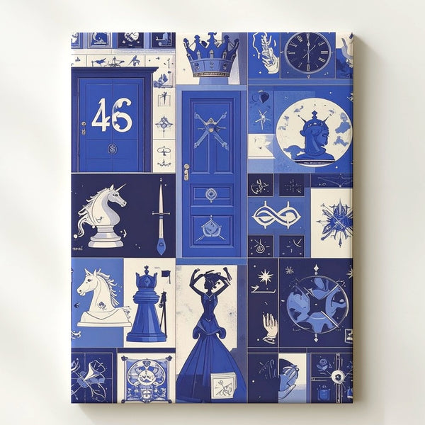 Blue Symbols Collage Canvas – Modern Fantasy & Icon Grid Art - Gifitto