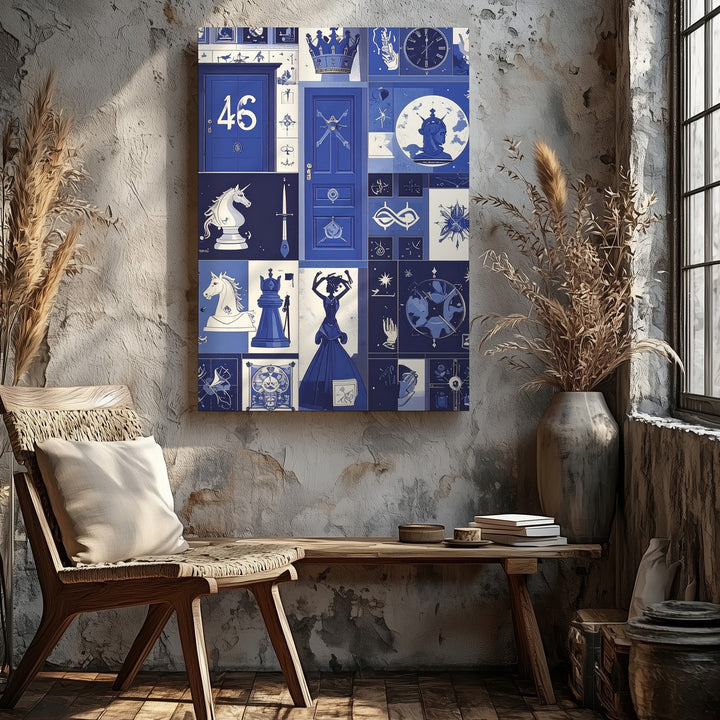 Blue Symbols Collage Canvas – Modern Fantasy & Icon Grid Art - Gifitto