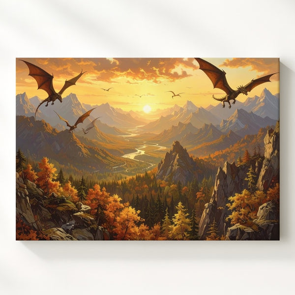 Golden Sunset Dragons Canvas – Majestic Fantasy Mountain Landscape Wall Art - Gifitto