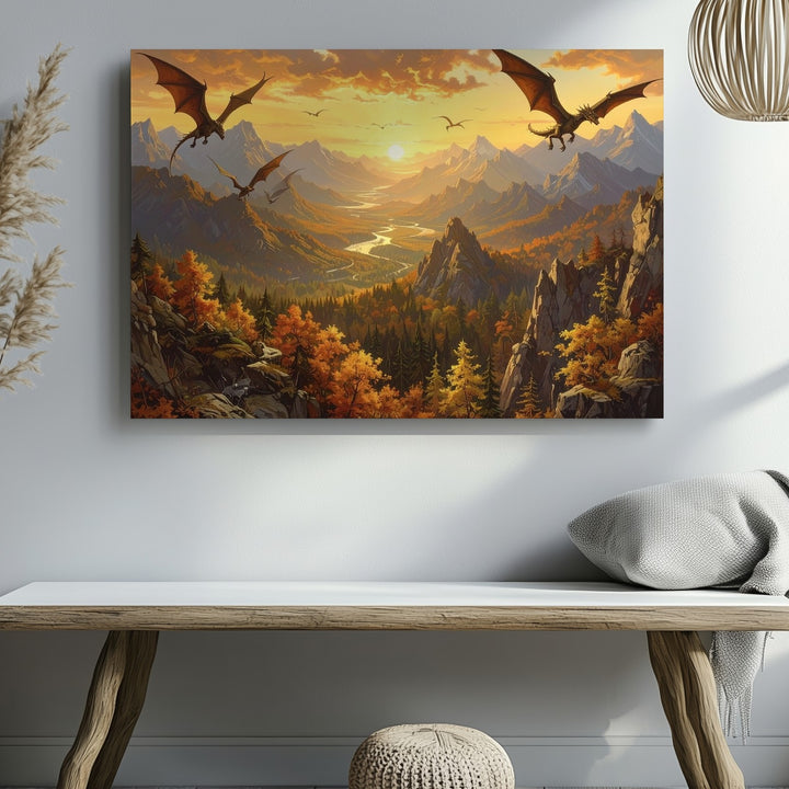 Golden Sunset Dragons Canvas – Majestic Fantasy Mountain Landscape Wall Art - Gifitto