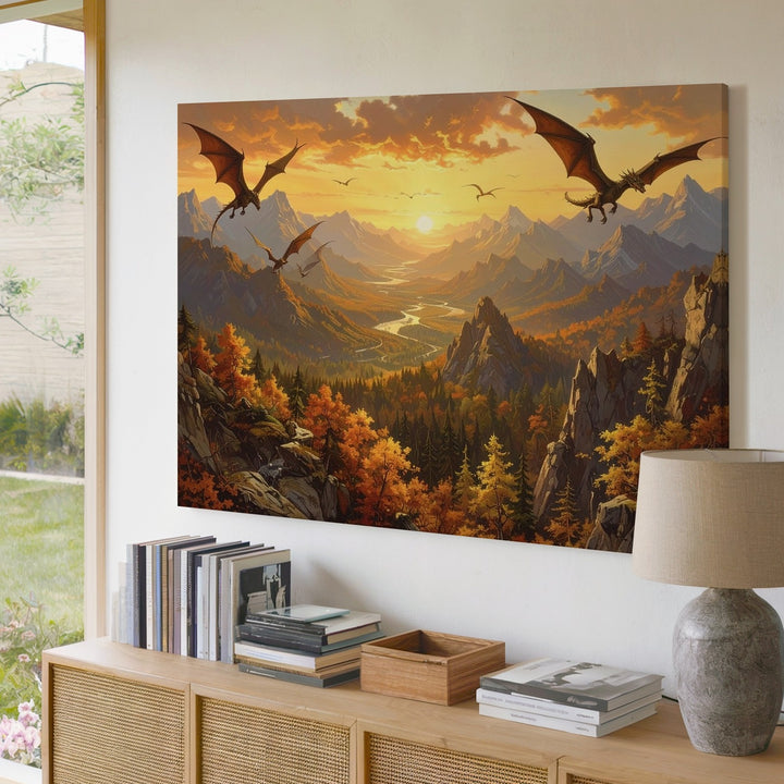 Golden Sunset Dragons Canvas – Majestic Fantasy Mountain Landscape Wall Art - Gifitto