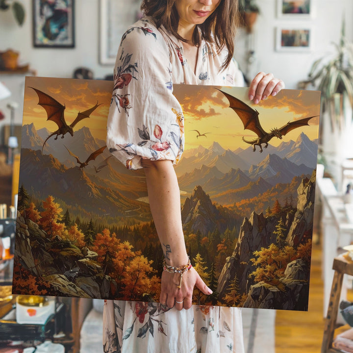 Golden Sunset Dragons Canvas – Majestic Fantasy Mountain Landscape Wall Art - Gifitto
