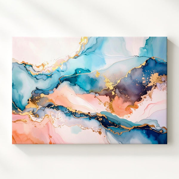 Dreamy Horizon Canvas – Abstract Fluid Art in Aqua Blue, Peach, and Gold - Gifitto