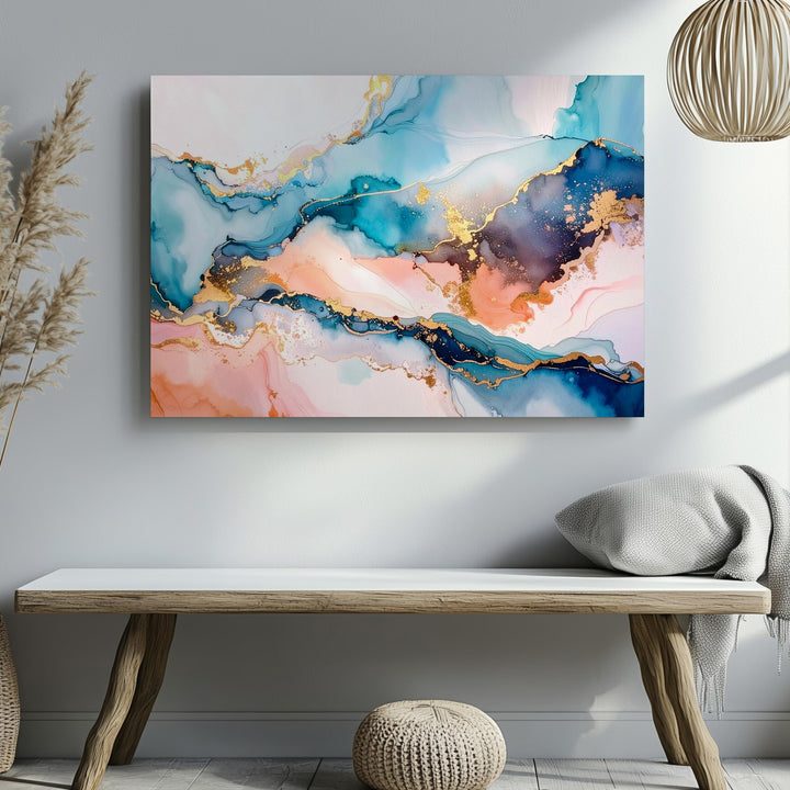 Dreamy Horizon Canvas – Abstract Fluid Art in Aqua Blue, Peach, and Gold - Gifitto