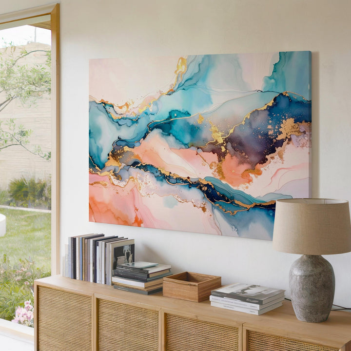 Dreamy Horizon Canvas – Abstract Fluid Art in Aqua Blue, Peach, and Gold - Gifitto