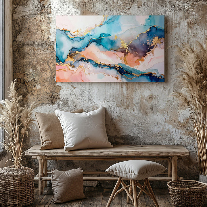 Dreamy Horizon Canvas – Abstract Fluid Art in Aqua Blue, Peach, and Gold - Gifitto