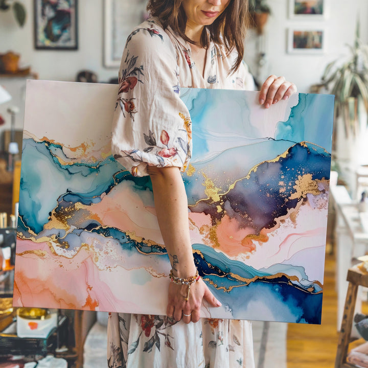 Dreamy Horizon Canvas – Abstract Fluid Art in Aqua Blue, Peach, and Gold - Gifitto