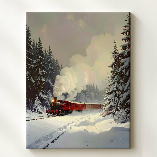 Nostalgic Red Locomotive Winter Train Canvas – Serene Snowy Forest Art