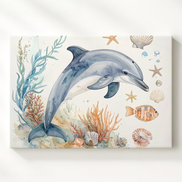 Playful Dolphin Watercolor Canvas – Soft Pastel Coastal Illustration