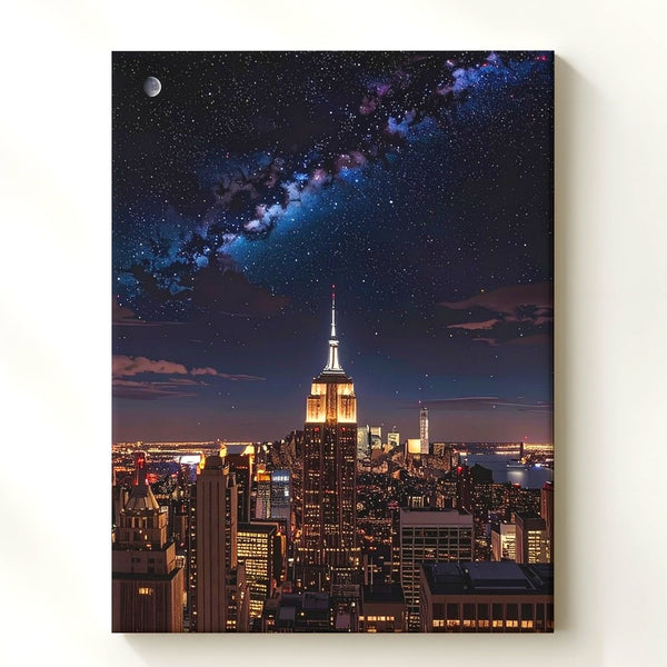 Celestial NYC Night Canvas – Surreal Empire State Skyline Under Starry Sky