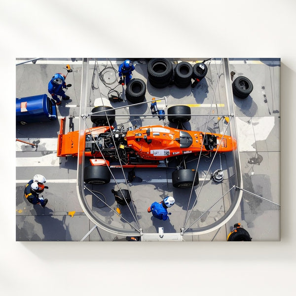 Formula 1 Pit Stop Canvas – High-Action Orange Race Car & Crew Art - Gifitto