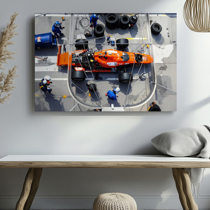 Formula 1 Pit Stop Canvas – High-Action Orange Race Car & Crew Art - Gifitto