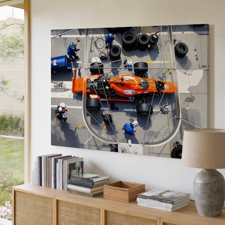 Formula 1 Pit Stop Canvas – High-Action Orange Race Car & Crew Art - Gifitto