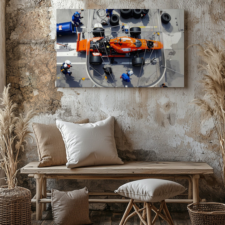 Formula 1 Pit Stop Canvas – High-Action Orange Race Car & Crew Art - Gifitto