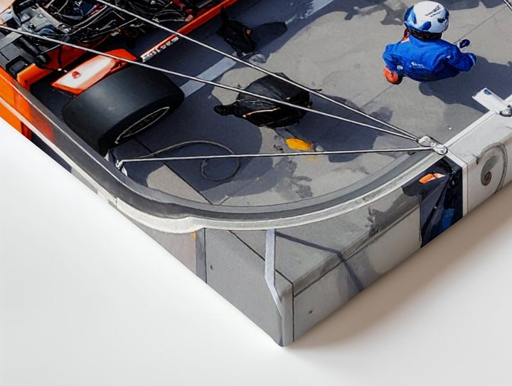 Formula 1 Pit Stop Canvas – High-Action Orange Race Car & Crew Art - Gifitto