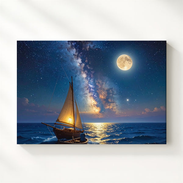 Moonlit Voyage Canvas – Tranquil Sailboat Under Milky Way Night Sky - Gifitto