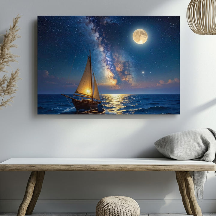 Moonlit Voyage Canvas – Tranquil Sailboat Under Milky Way Night Sky - Gifitto