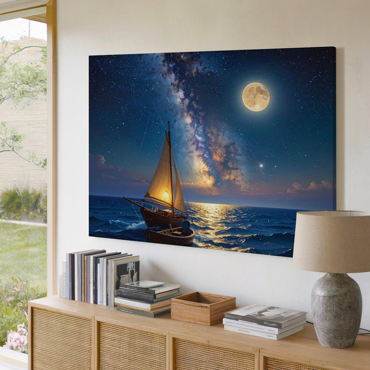 Moonlit Voyage Canvas – Tranquil Sailboat Under Milky Way Night Sky - Gifitto