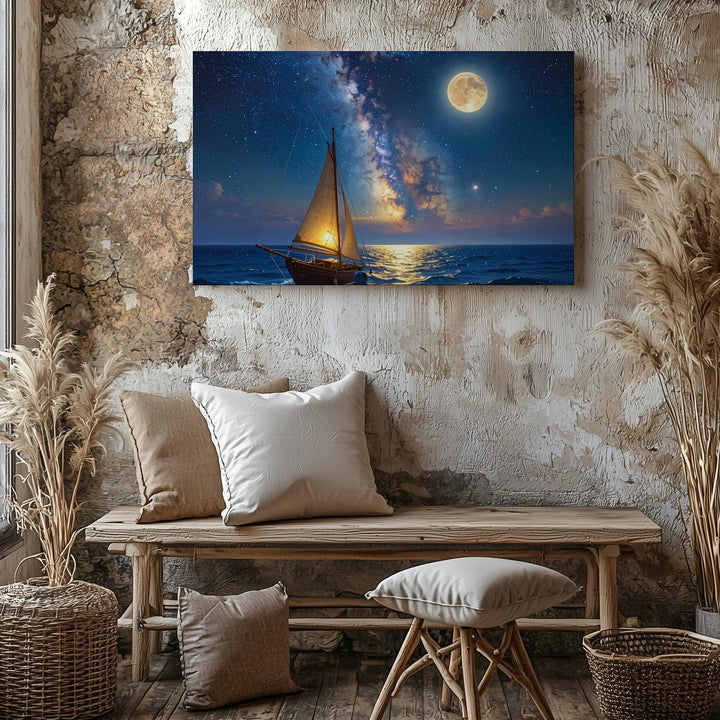 Moonlit Voyage Canvas – Tranquil Sailboat Under Milky Way Night Sky - Gifitto