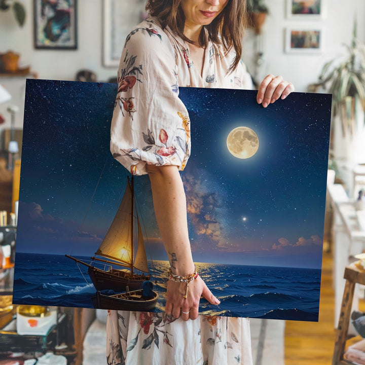 Moonlit Voyage Canvas – Tranquil Sailboat Under Milky Way Night Sky - Gifitto