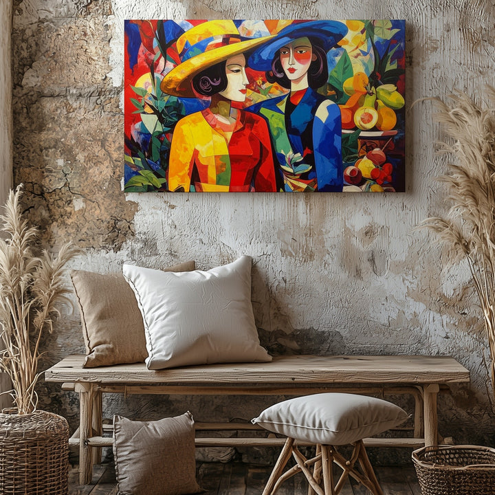 Vibrant Tropical Figures Canvas – Bold Abstract Folk Art with Fruit Motifs - Gifitto