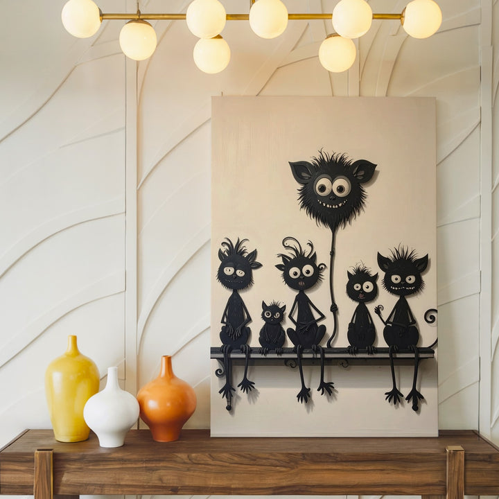 Whimsical Creatures on a Bench Canvas – Playful Silhouette Wall Art - Gifitto