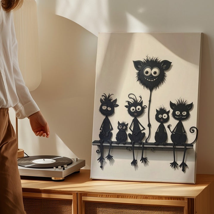 Whimsical Creatures on a Bench Canvas – Playful Silhouette Wall Art - Gifitto
