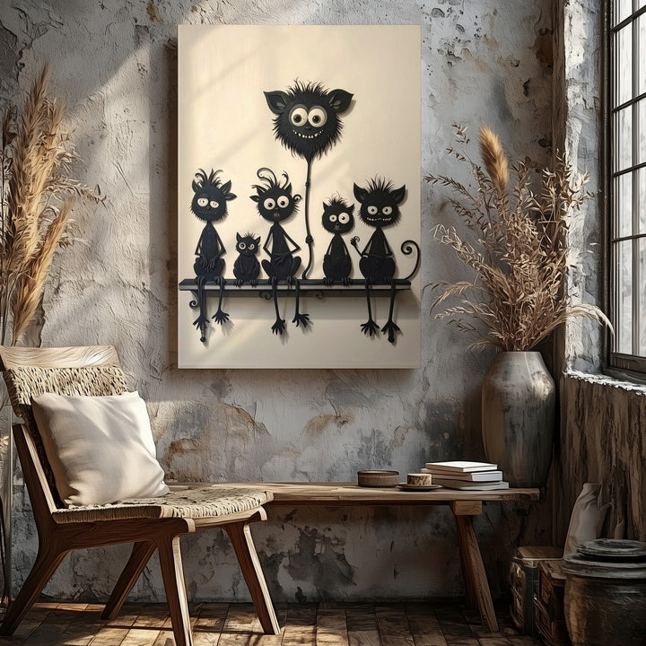 Whimsical Creatures on a Bench Canvas – Playful Silhouette Wall Art - Gifitto