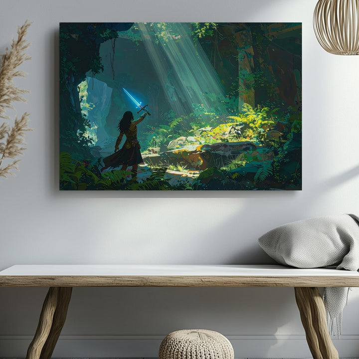 Sacred Sword Awakening Canvas – Fantasy Ruins & Warrior Wall Art - Gifitto