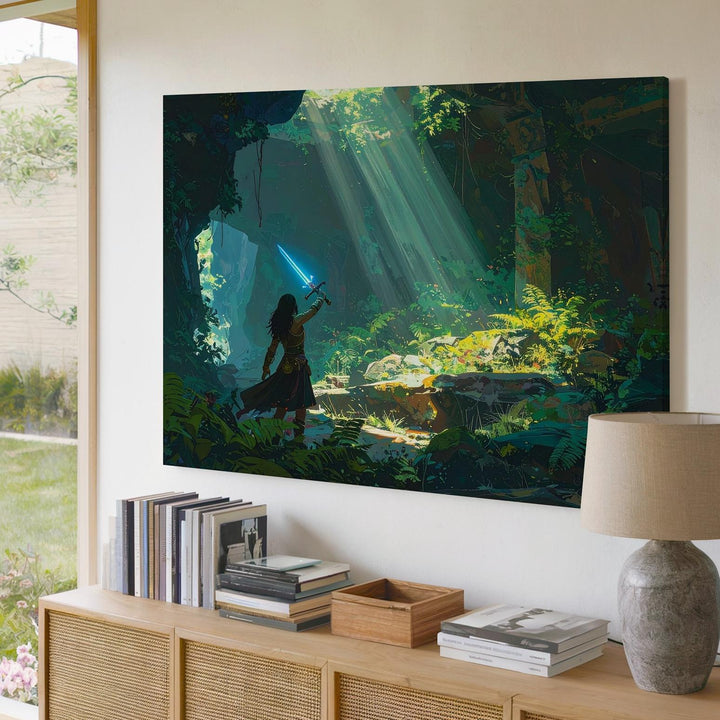 Sacred Sword Awakening Canvas – Fantasy Ruins & Warrior Wall Art - Gifitto