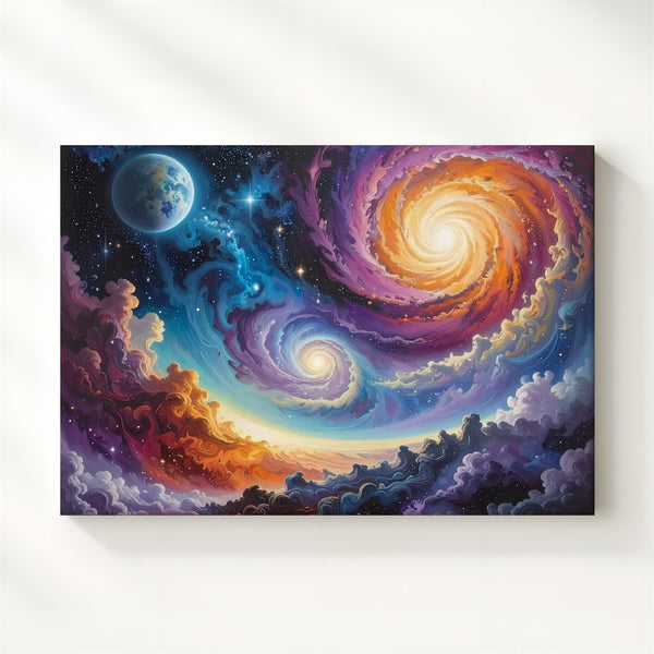 Golden Spiral Nebula Canvas – Hypnotic Cosmic Swirl with Blue Planet - Gifitto