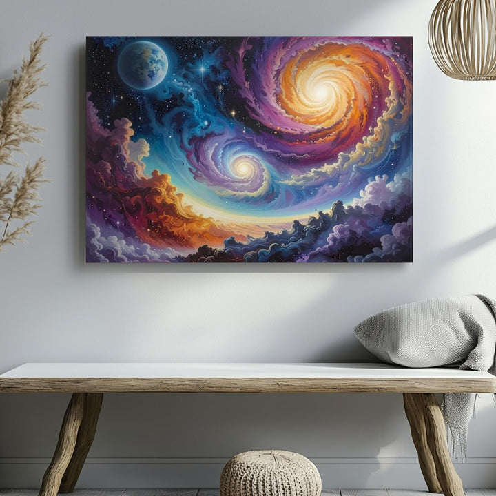 Golden Spiral Nebula Canvas – Hypnotic Cosmic Swirl with Blue Planet - Gifitto