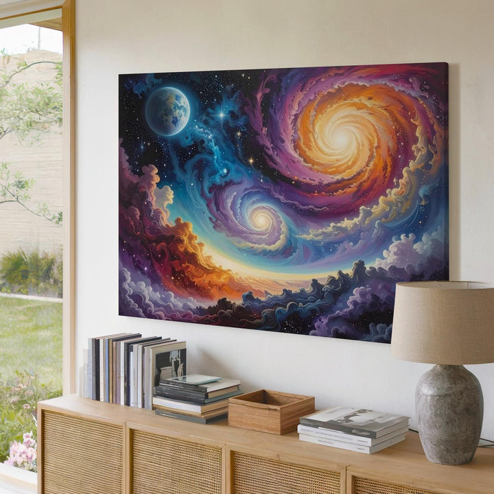 Golden Spiral Nebula Canvas – Hypnotic Cosmic Swirl with Blue Planet - Gifitto