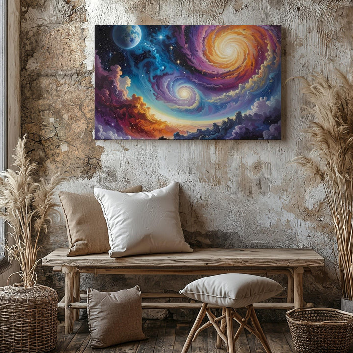 Golden Spiral Nebula Canvas – Hypnotic Cosmic Swirl with Blue Planet - Gifitto