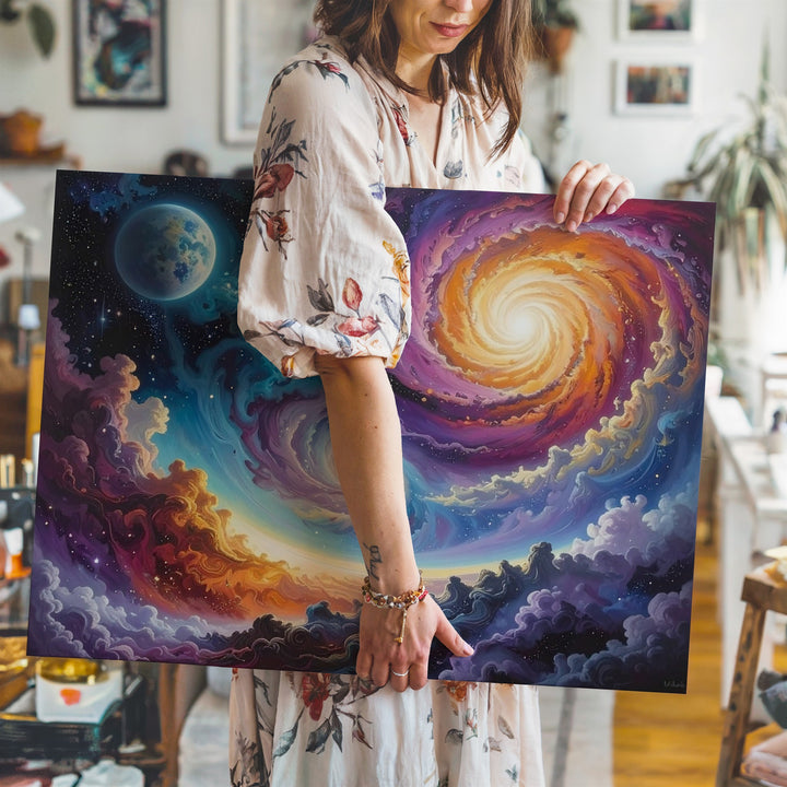 Golden Spiral Nebula Canvas – Hypnotic Cosmic Swirl with Blue Planet - Gifitto