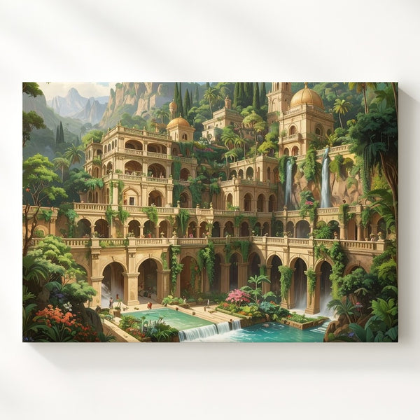 Mountain Cascade City Canvas – Utopian Fantasy Architecture Wall Art - Gifitto