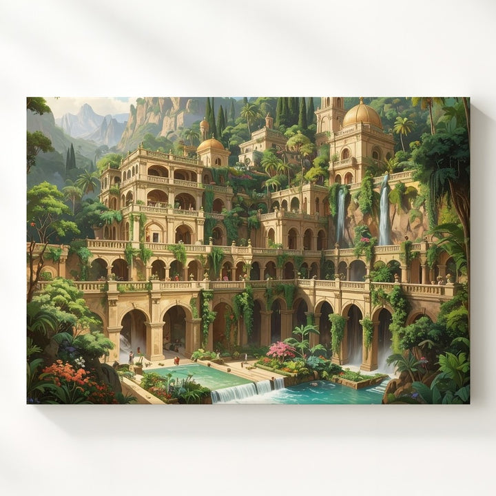 Mountain Cascade City Canvas – Utopian Fantasy Architecture Wall Art - Gifitto