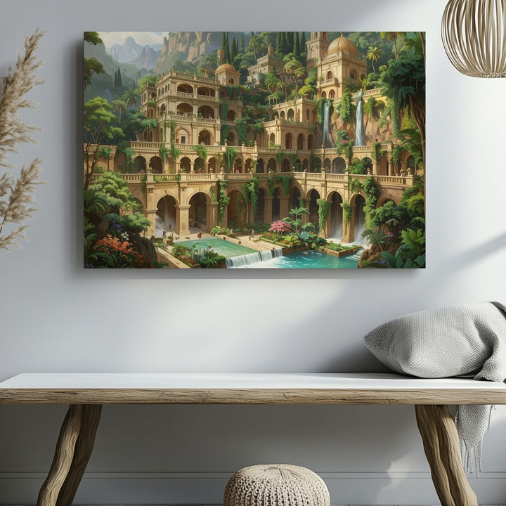 Mountain Cascade City Canvas – Utopian Fantasy Architecture Wall Art - Gifitto