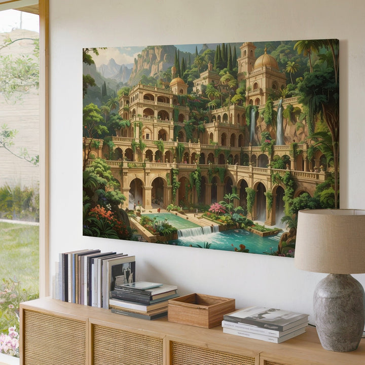 Mountain Cascade City Canvas – Utopian Fantasy Architecture Wall Art - Gifitto