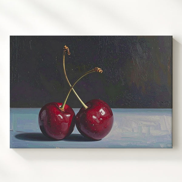 Minimalist Red Cherries Canvas – Realistic Oil Painting with Moody Elegance - Gifitto
