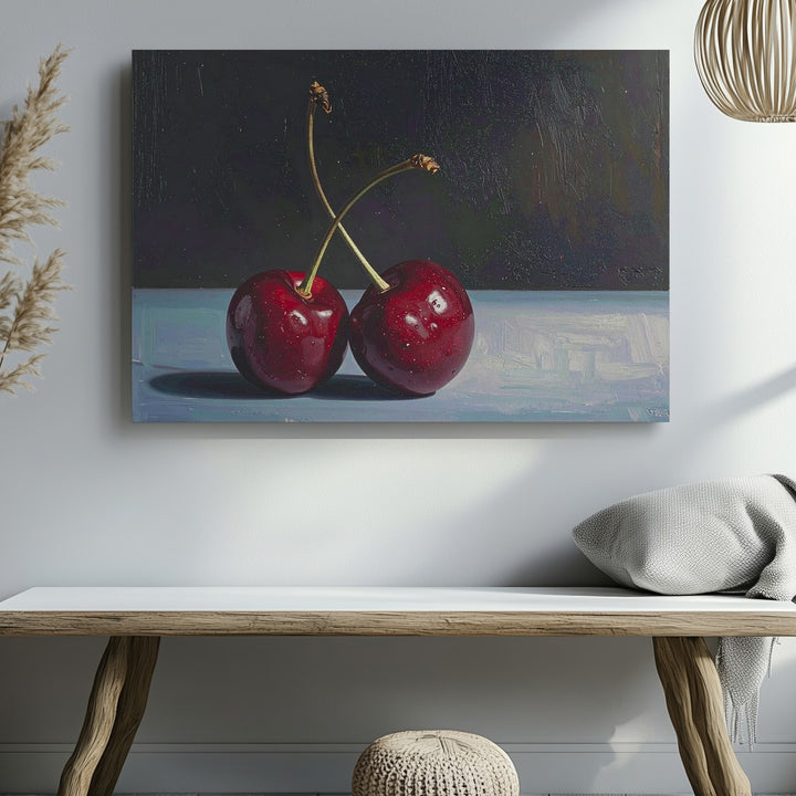 Minimalist Red Cherries Canvas – Realistic Oil Painting with Moody Elegance - Gifitto