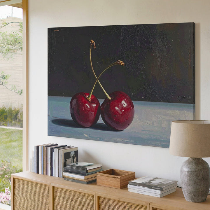 Minimalist Red Cherries Canvas – Realistic Oil Painting with Moody Elegance - Gifitto