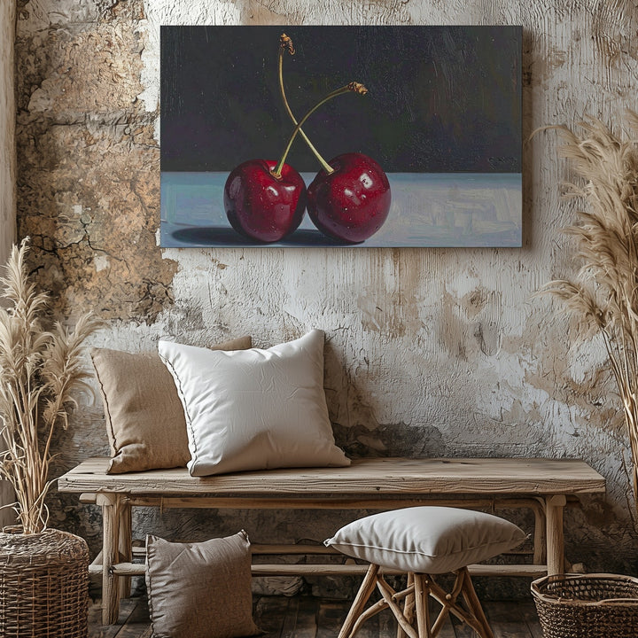 Minimalist Red Cherries Canvas – Realistic Oil Painting with Moody Elegance - Gifitto