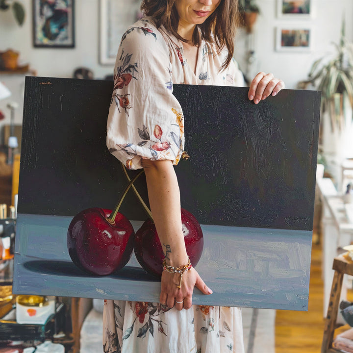 Minimalist Red Cherries Canvas – Realistic Oil Painting with Moody Elegance - Gifitto