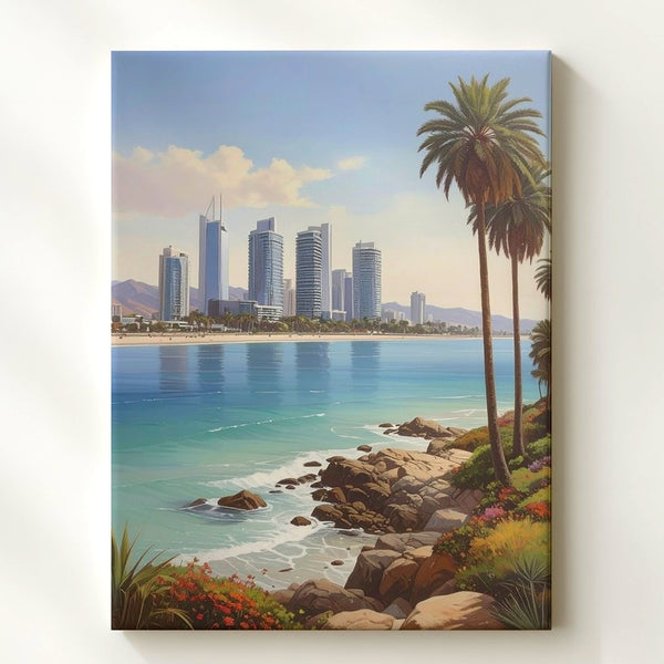 Coastal Serenity Canvas – Modern Skyline and Tropical Shoreline Scene