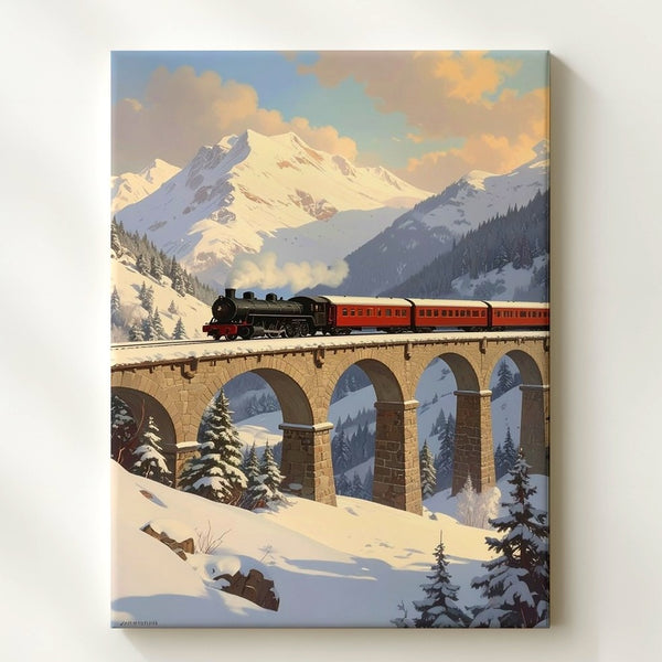 Red Train on Stone Viaduct Canvas – Majestic Winter Mountain Journey