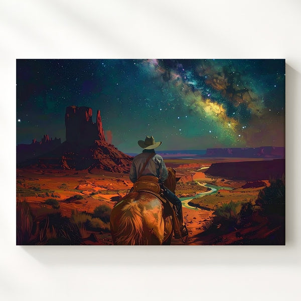 Celestial Cowboy Canvas – Surreal Night Sky Desert Ride - Gifitto